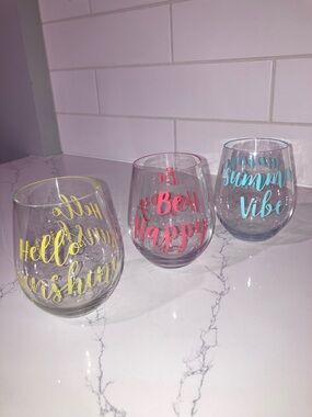 ($1 ADD ON) Set of 3 Plastic Stemless Wine Glasses w/ Text Graphic